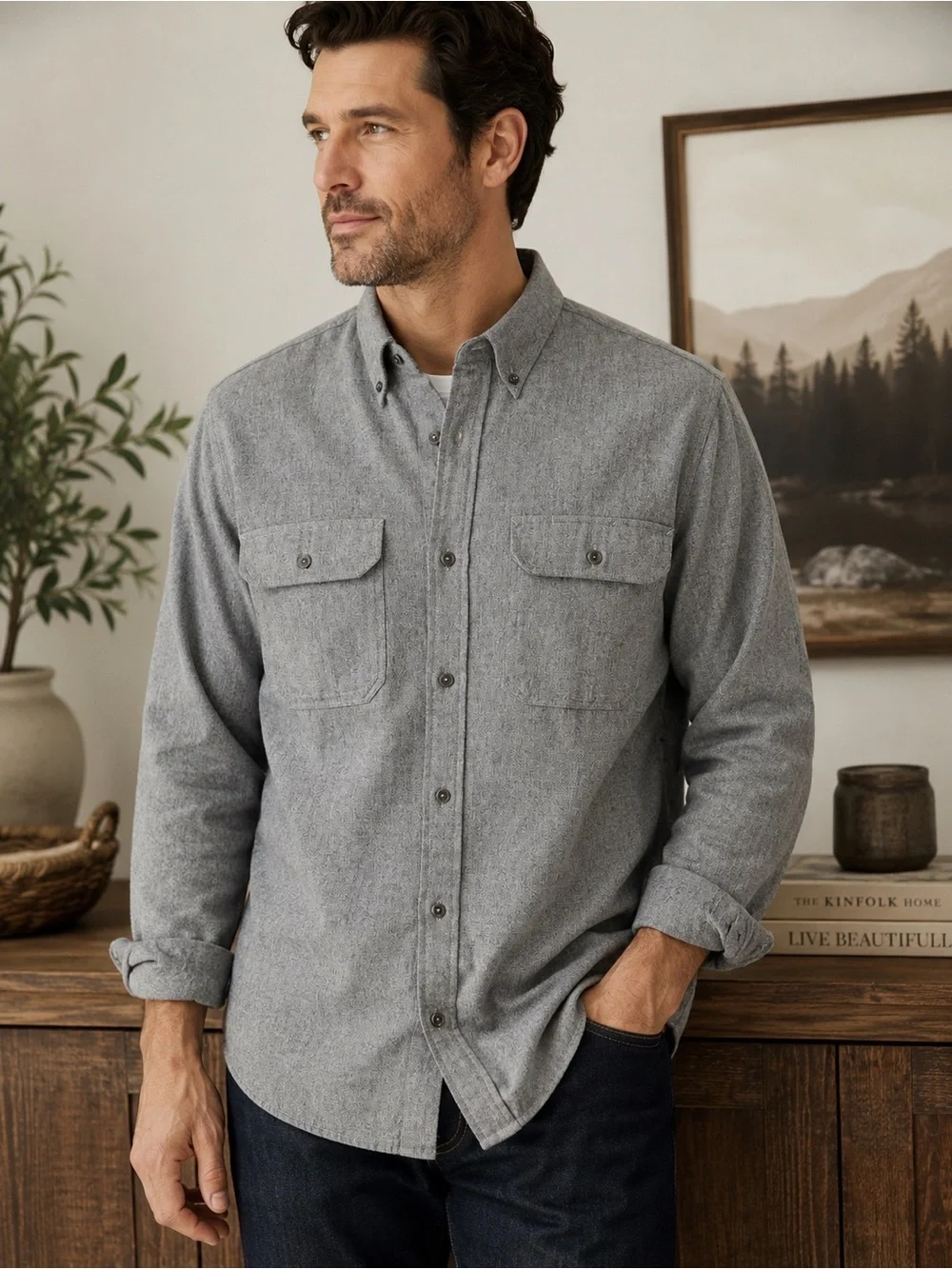 Banana Republic Mens XL Gray Organic Cotton Flannel Standard Fit Button Down